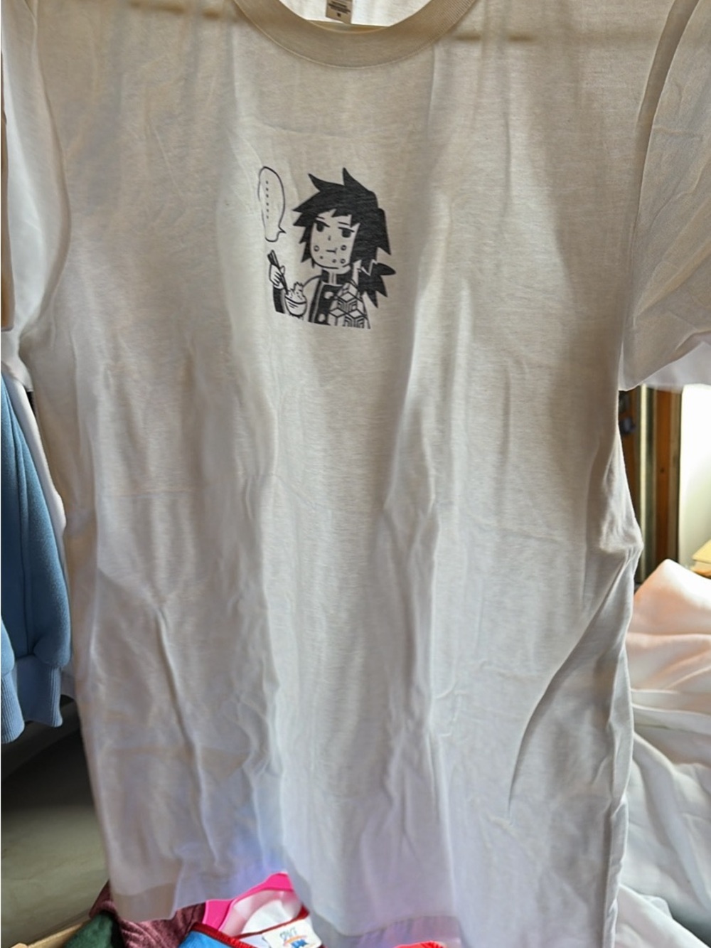 New White Graphic Tee with Small Anime Illustration - Men Demon slayer